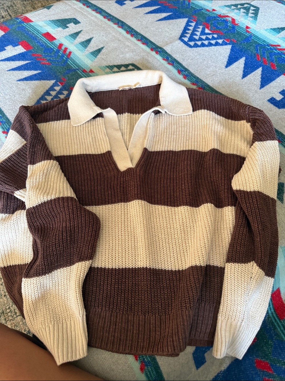 Faherty Brown and Cream Striped V-Notch Polo Sweater